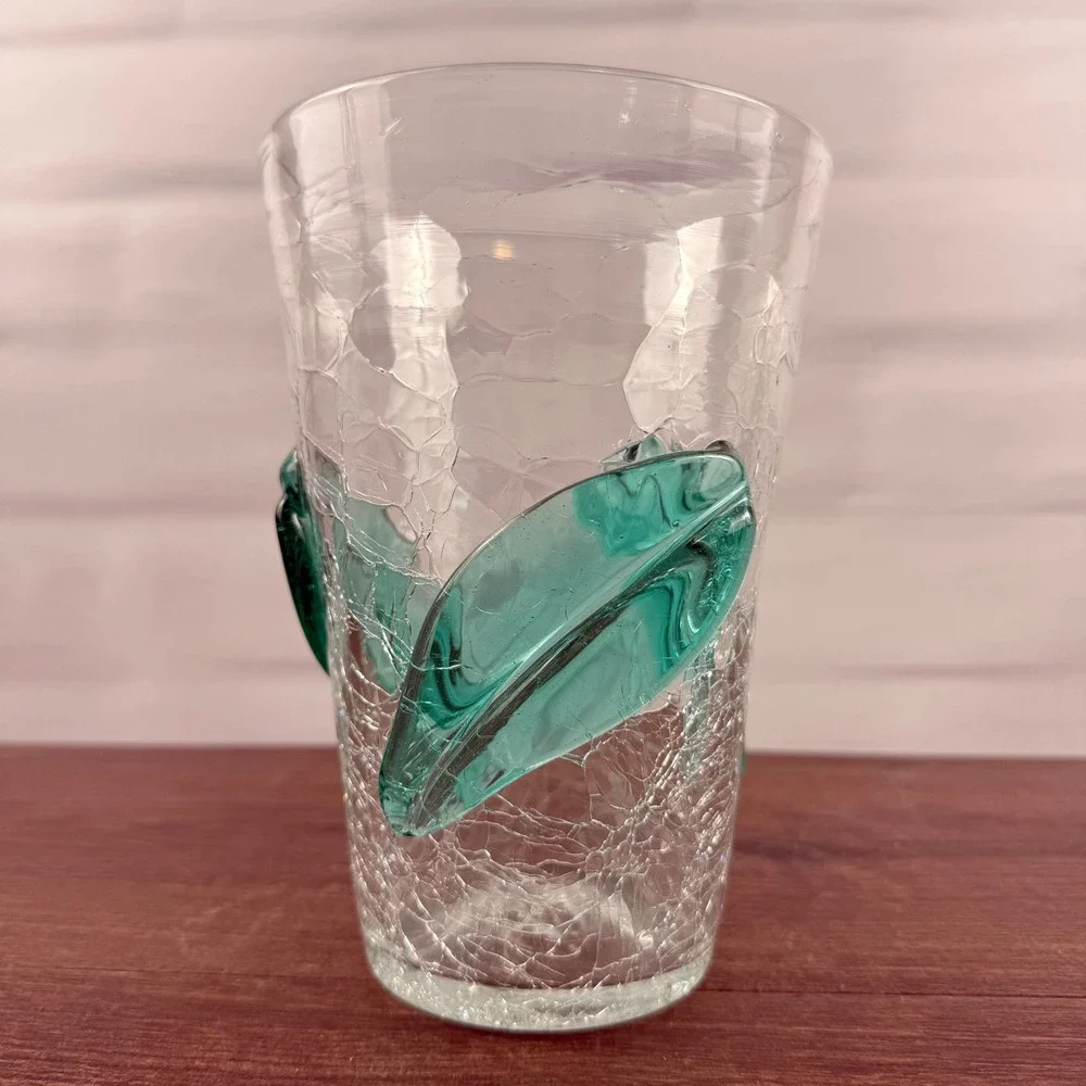 Blenko 366SL Leaf Beaker Vase Sea Green Crackle Glass Mid Century